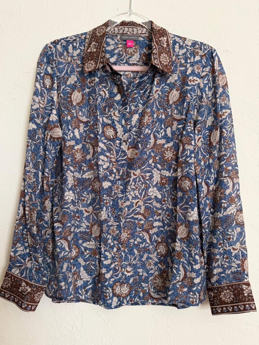 Vince Camuto Blue and Brown Floral Button-Down Shirt NWOT